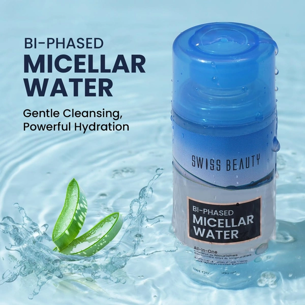 Swiss Beauty Bi-Phased Micellar Face Cleansing Water 100 ml | Refreshing & Nourishing Makeup Remover | Removes dirt, impurities | Gentle & Effective Cleansing | With Aloe vera and Witch Hazel Extract |