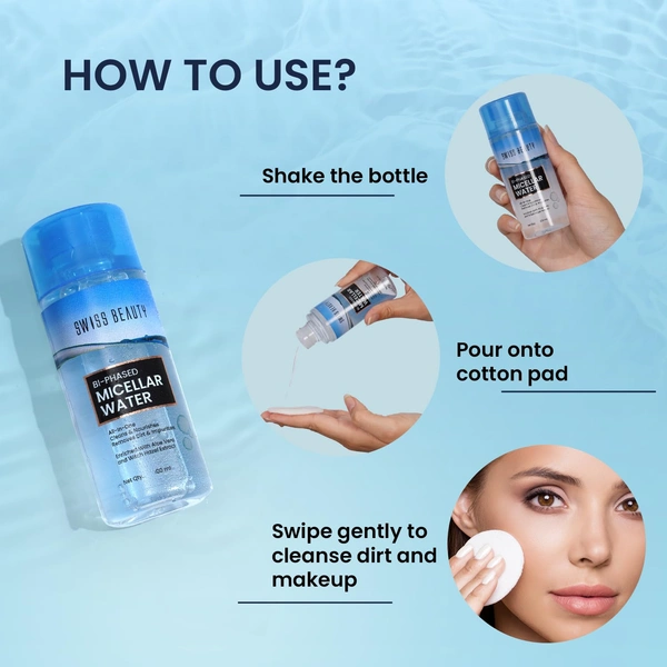 Swiss Beauty Bi-Phased Micellar Face Cleansing Water 100 ml | Refreshing & Nourishing Makeup Remover | Removes dirt, impurities | Gentle & Effective Cleansing | With Aloe vera and Witch Hazel Extract |