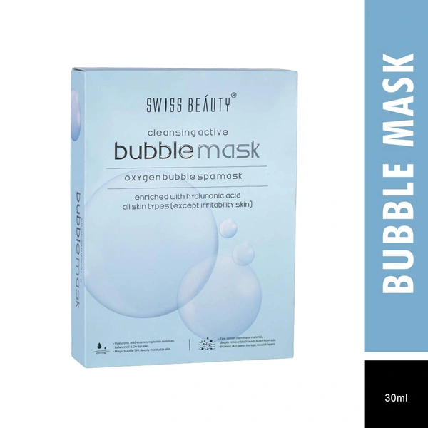 Swiss Beauty Bubble Sheet Mask  30g | Enriched with Hyaluronic Acid | Gentle Exfoliating Face Mask | Oxygen-Infused | Pore-Cleansing Bubble Mask | Suitable for All Skin Types | 30g