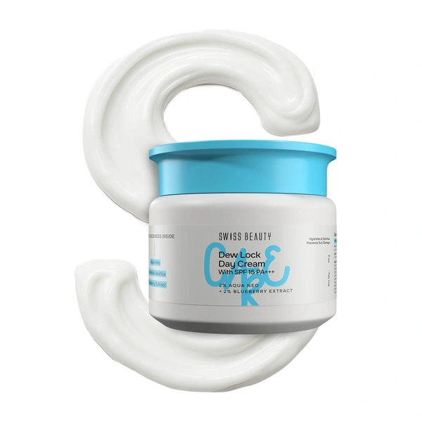 Swiss Beauty Care Dew Lock Day Cream 50gm with SPF 15+++ | 2% Aqua Neo & 1% Centella Asiatica | Hydrates, Soothes & Protects Skin | Prevents Sun Damage | Lightweight Formula