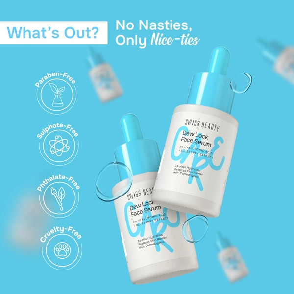 Swiss Beauty Care Dew Lock Face Serum 30ml | 2% Hyaluronic Acid & Blueberry Extract | 24-Hour Hydration | Lightweight, Fast-Absorbing Formula | Plumps, Softens & Revives Dull Skin