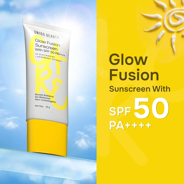 Swiss Beauty Care Glow Fusion Sunscreen 50gm with SPF50 PA++++ | 1% Niacinamide & Raspberry Extract | Boosts Radiance | Protects from UV Damage | Fights Premature Aging