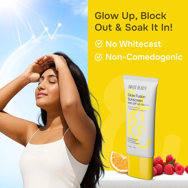 Swiss Beauty Care Glow Fusion Sunscreen 50gm with SPF50 PA++++ | 1% Niacinamide & Raspberry Extract | Boosts Radiance | Protects from UV Damage | Fights Premature Aging