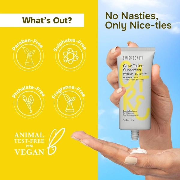 Swiss Beauty Care Glow Fusion Sunscreen 50gm with SPF50 PA++++ | 1% Niacinamide & Raspberry Extract | Boosts Radiance | Protects from UV Damage | Fights Premature Aging