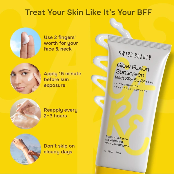 Swiss Beauty Care Glow Fusion Sunscreen 50gm with SPF50 PA++++ | 1% Niacinamide & Raspberry Extract | Boosts Radiance | Protects from UV Damage | Fights Premature Aging