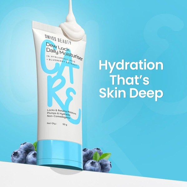 Swiss Beauty Dew Lock Daily Moisturiser 50gm| 1% Hyaluronic Acid & Blueberry Extract | Deeply Hydrates & Plumps Skin | Locks Moisture | Non-Comedogenic, Lightweight Formula