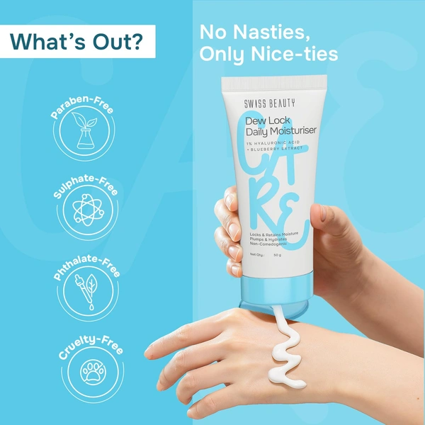 Swiss Beauty Dew Lock Daily Moisturiser 50gm| 1% Hyaluronic Acid & Blueberry Extract | Deeply Hydrates & Plumps Skin | Locks Moisture | Non-Comedogenic, Lightweight Formula