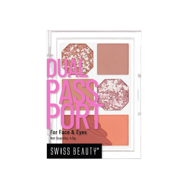 Swiss Beauty Dinner Date Face & Eye Dual Passport Palette with eya-catching shades | Stunning Eyeshadows & 1 Blusher | High-Pigment, Smooth Blending & Travel-Friendly | Matte & Shimmer Shades