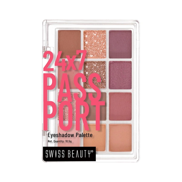 Swiss Beauty Early Check-In - Day 24/7 Passport Eyeshadow Palette with 12 Highly Pigmented Shades | Matte, Shimmer & Glitter Finishes | Long-Lasting & Travel-Friendly
