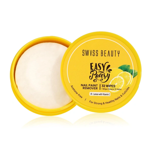 Swiss Beauty Easy-Peasy Nail Paint Remover Wipes,  Lemon with Vitamin C | Acetone-Free, Hydrating & Travel-Friendly | 32 Wipes | Gentle on Nails