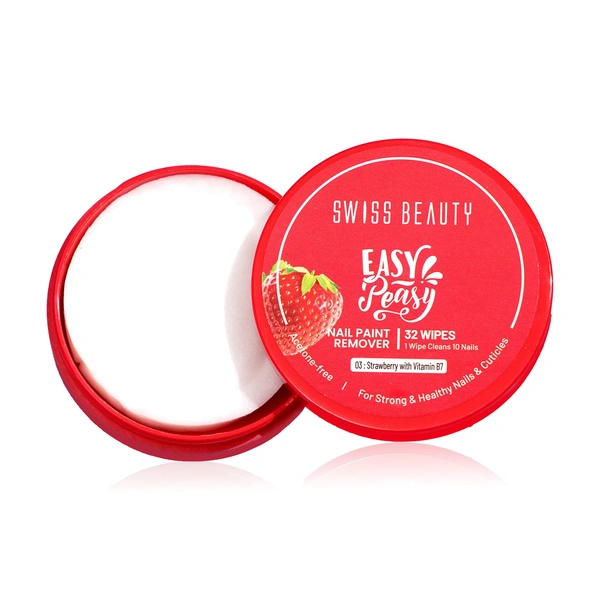 Swiss Beauty Easy-Peasy Nail Paint Remover Wipes,  Strawberry With Vitamin B7 | Acetone-Free, Hydrating & Travel-Friendly | 32 Wipes | Gentle on Nails