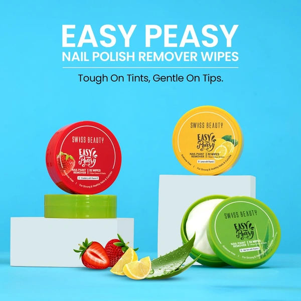 Swiss Beauty Easy-Peasy Nail Paint Remover Wipes,  Aloe vera with Vitamin C | Acetone-Free, Hydrating & Travel-Friendly | 32 Wipes | Gentle on Nails