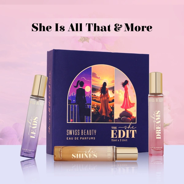 Swiss Beauty Eau De Perfum The She Edit 45ml | 3-In-1 Perfume Gift Box | Long-Lasting Luxury Fragrance Set | Travel-Friendly Scent Collection | Perfect Gift for Women