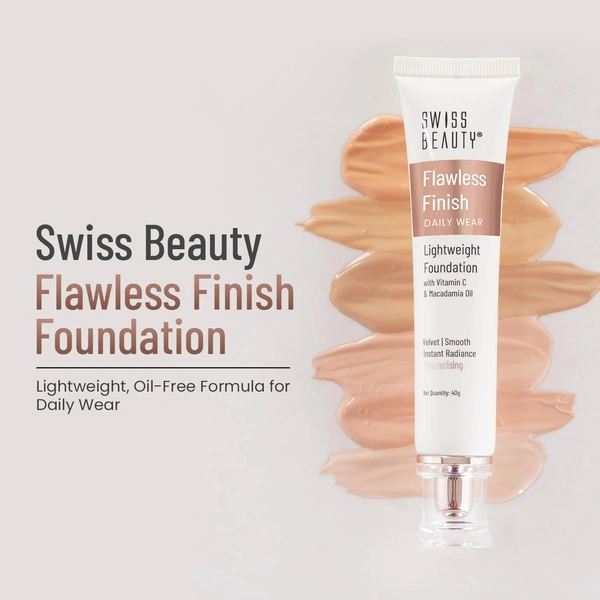 Swiss Beauty Flawless Finish Foundation 40g | Daily Wear Lightweight Foundation | with Vitamin C & Macadamia Oil | Medium coverage, Instant Radiance | Oil-Free Formula | Blendable & Breathable | Shade - 06 (Medium  )