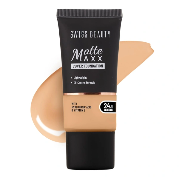 Swiss Beauty Foundation Matte Maxx Cover 04 Medium Warm, 30g| 24-Hour Wear |Hyaluronic Acid & Vitamin E | Oil-Control Formula |