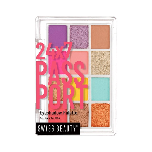 Swiss Beauty Grand Arrival Party 24/7 Passport Eyeshadow Palette with 12 Highly Pigmented Shades | Matte, Shimmer & Glitter Finishes | Long-Lasting & Travel-Friendly
