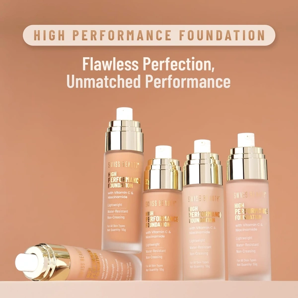 Swiss Beauty High Performance Foundation 55g | With Vitamin C & Niacinamide | Water-resistant | Medium to buildable coverage | Lightweight | Non Creasing | For All Skin type | Shade - Medium Beige