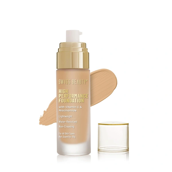 Swiss Beauty High Performance Foundation  Natural Buff, 55g with Vitamin C & Niacinamide | Medium to Buildable Coverage | Water-Resistant & Lightweight Formula for Even Skin Tone