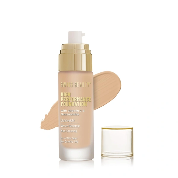 Swiss Beauty High Performance Foundation Natural Nude, 55g with Vitamin C & Niacinamide | Medium to Buildable Coverage | Water-Resistant & Lightweight Formula for Even Skin Tone