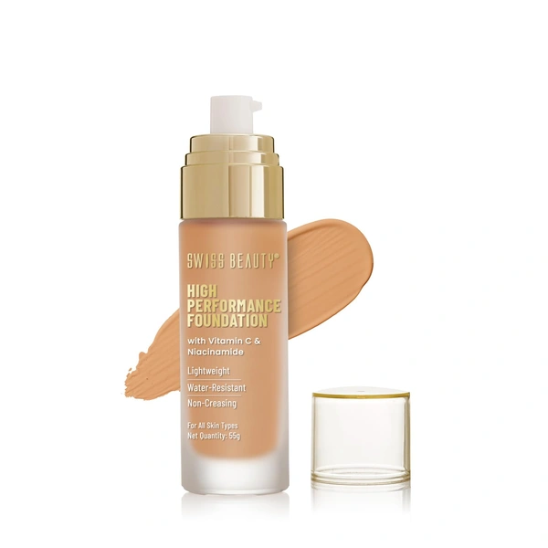 Swiss Beauty High Performance Foundation Sun Beige, 55g with Vitamin C & Niacinamide | Medium to Buildable Coverage | Water-Resistant & Lightweight Formula for Even Skin Tone