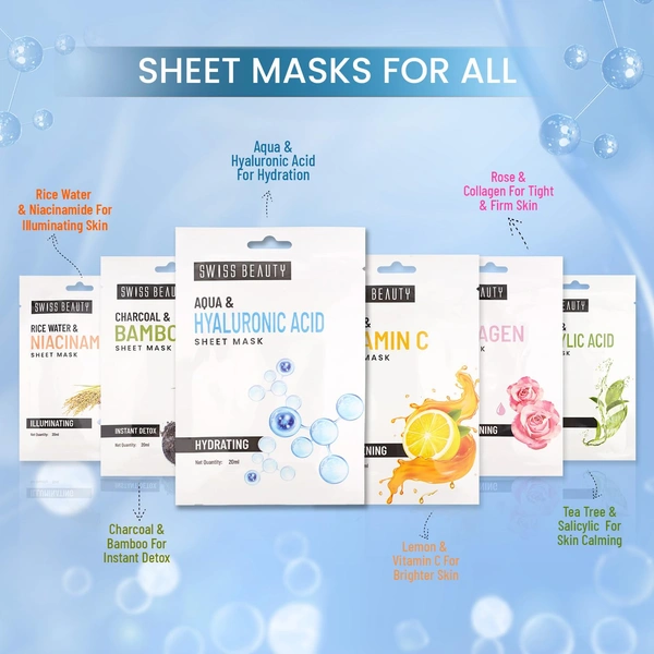 Swiss Beauty Hydrating Sheet Mask 20ml | With Aqua & Hyaluronic Acid | For Long lasting Hydration and Nourishment | Refreshing facial mask | Lightweight Fabric | Radiant Glow | 20ml