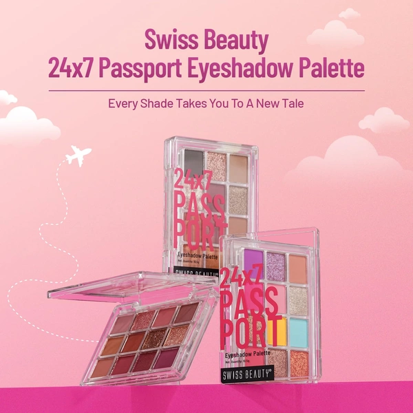 Swiss Beauty Early Check-In - Day 24/7 Passport Eyeshadow Palette with 12 Highly Pigmented Shades | Matte, Shimmer & Glitter Finishes | Long-Lasting & Travel-Friendly