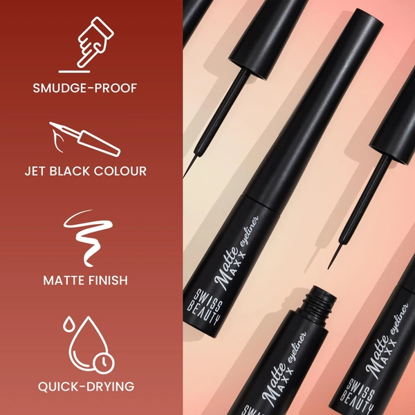 Swiss Beauty Matte Max Liquid Eyeliner | Bold Matte Finish | Long-Lasting | Smudge-proof | Quick Drying | With Fine-tip applicator eyeliner | Intense matte finish | 4g