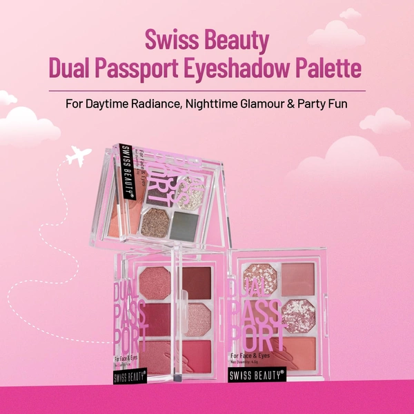 Swiss Beauty Dinner Date Face & Eye Dual Passport Palette with eya-catching shades | Stunning Eyeshadows & 1 Blusher | High-Pigment, Smooth Blending & Travel-Friendly | Matte & Shimmer Shades