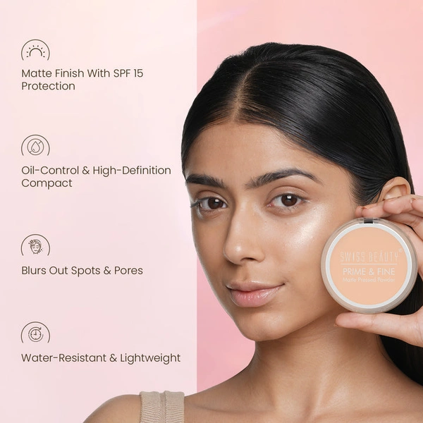 Swiss Beauty Compact  Powder Prime & Fine Matte 8g ( 06 Caramal Beige )| for Dusky Complextion Oil-free look | With SPF 15 | Medium coverage | Matte finish | Water-resistant - 1