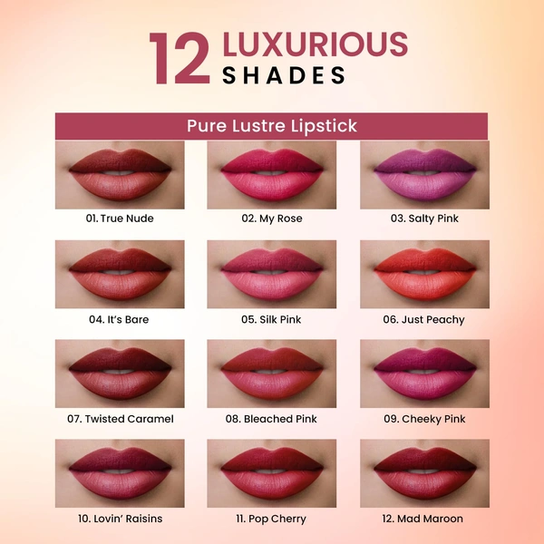 Swiss Beauty Pure Lustre Lipstick 3.8gm with 04 It's Bare Shade | High Shine Glossy Finish | Smooth Glide Creamy Texture | Olive Oil & Vitamin E | Hydrating Lightweight Lip Color