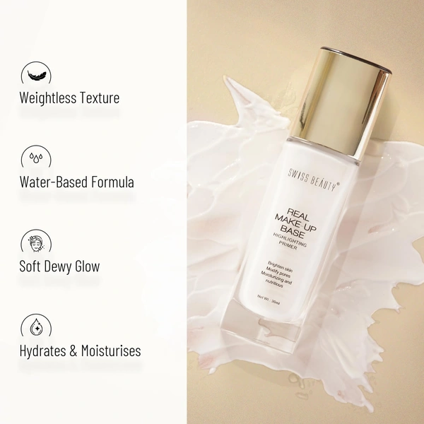 Swiss Beauty Real Makeup Base Highlighting Primer | Natural Glow Finish | Glowing & Smooth Finish | Flawless, Long-Lasting Makeup Base 01 Natural Tint  | Hydrated Look | Modify pores | 32ml