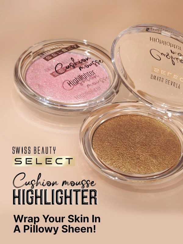 Swiss Beauty Select Cushion Mousse Highlighter 10g Shade 4 Gold Rush | Lit-From-Within Radiance | Glowy Dewy Finish | Lightweight Mousse Formula with Macadamia Oil