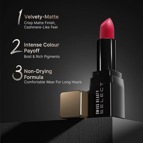 Swiss Beauty Select Dare To Matte Creamy Lipstick 3.8g, Shade Delight Plum | Velvety Matte Finish | Vitamin E Enriched | Long Lasting | Smooth & Creamy Formula