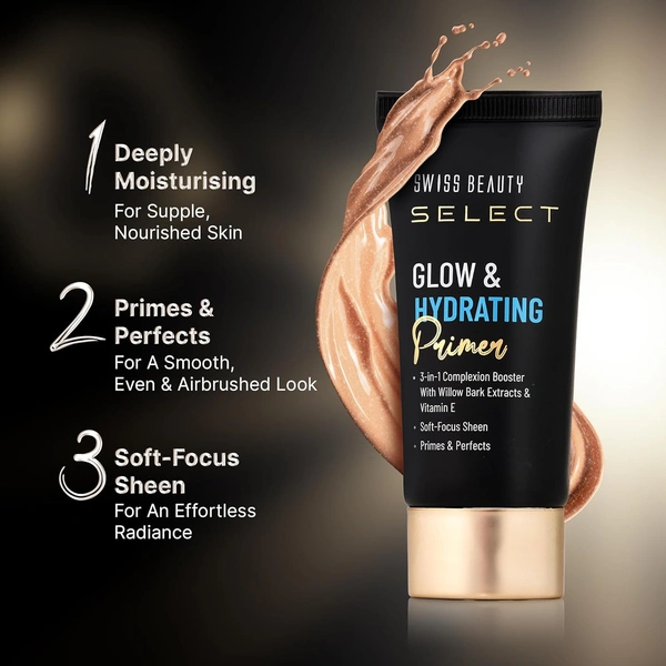Swiss Beauty Select Glow & Hydrating Primer 25ml | Vitamin E & Witch Hazel Enriched Makeup Base for Radiant | Dewy Skin, Long-Lasting Hydration | Smooth Texture & Natural Glow