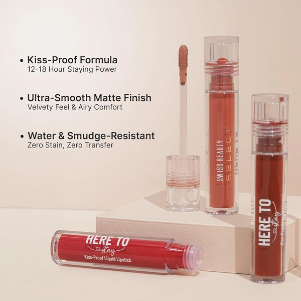 Swiss Beauty Select Here To Stay Liquid Matte Lipstick 3ml with Shade 15 Delicate Cocoa | Kiss-Proof Formula | Non-Transfer & Smudgeproof | 12-18 Hrs Stay