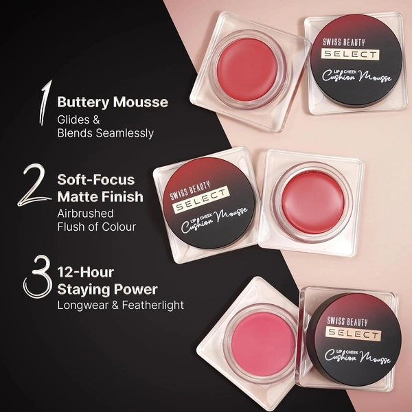 Swiss Beauty Select Lip And Cheek Cushion Creamy Mousse 4.5gm, Shade 03 Elevate Pink with Vitamin E | 12 Hours Long Stay | Soft Matte Finish
