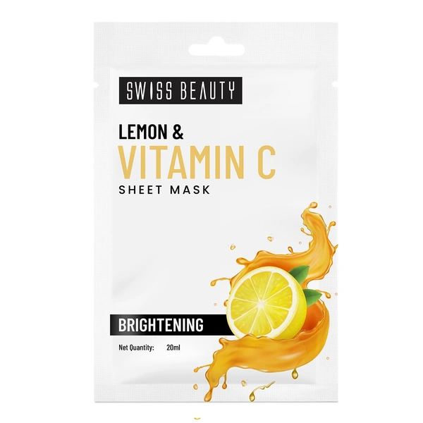 Swiss Beauty Skin Brightening Sheet Mask 20ml | With Lemon & Vitamin C | Brightens dull skin | Lightens Dark spots  | Refreshing & Hydration Skin |  Serum - infused Sheet mask | Even Skin Tone & Boost Glow | 20ml