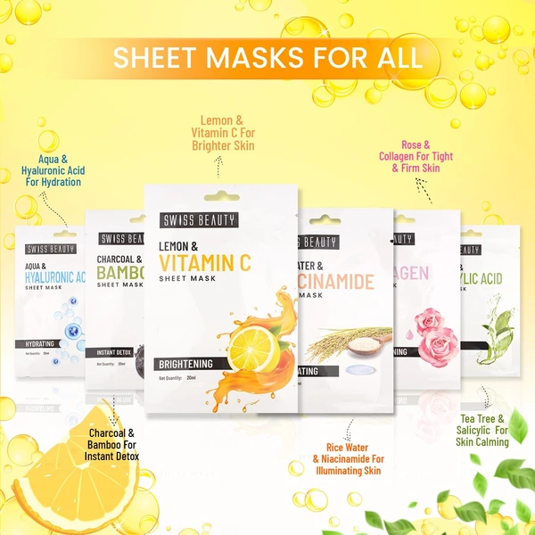 Swiss Beauty Skin Brightening Sheet Mask 20ml | With Lemon & Vitamin C | Brightens dull skin | Lightens Dark spots  | Refreshing & Hydration Skin |  Serum - infused Sheet mask | Even Skin Tone & Boost Glow | 20ml