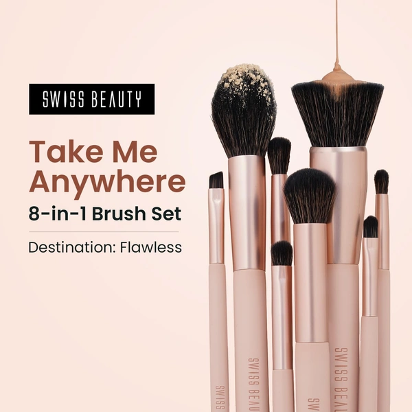 Swiss Beauty Take Me Anywhere 8-in-1 Makeup Brush Set | Compact Travel-Friendly 8Pc Brush Kit | Soft Synthetic Bristles | Multi-Functional Lightweight PETA Certified