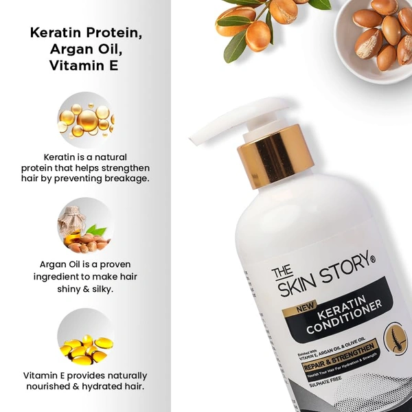 The Skin Story Sulfate-Free Keratin Conditioner 250g for Colored & Treated Hair | Repairs Split Ends & Damaged Hair | Enriched with Argan Oil & Vitamin E | For Frizzy, Dry, Shiny Hair |