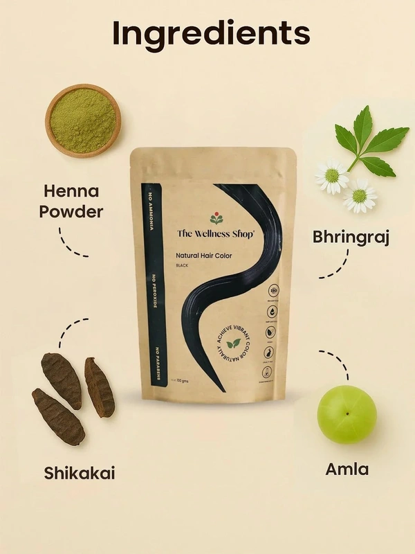The Wellness shop The Wellness Shop Natural Black Hair Color Powder 100g | Herbal Blend with Henna & Amla | Ammonia-Free, Long Lasting Shine, Strengthens Roots, Prevents Dandruff | For Men & Women