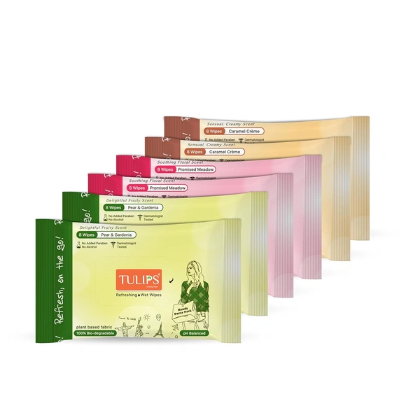Tulips Biodegradable Refreshing Pocket Wipes (8 wipes)| Compact & Gentle Care for On-the-Go | Delightful Scents (Caramel Creme, Pear & Gardenia, Promised Meadow)