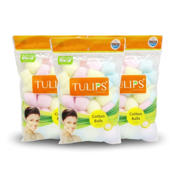 Tulips Cotton Balls Multi Color 50 Balls Pack of 3 | Soft, Pure & Gentle | Ideal for Makeup Removal & Skincare | 100% Natural Cotton | Safe for All Skin Types |for Everyday Use