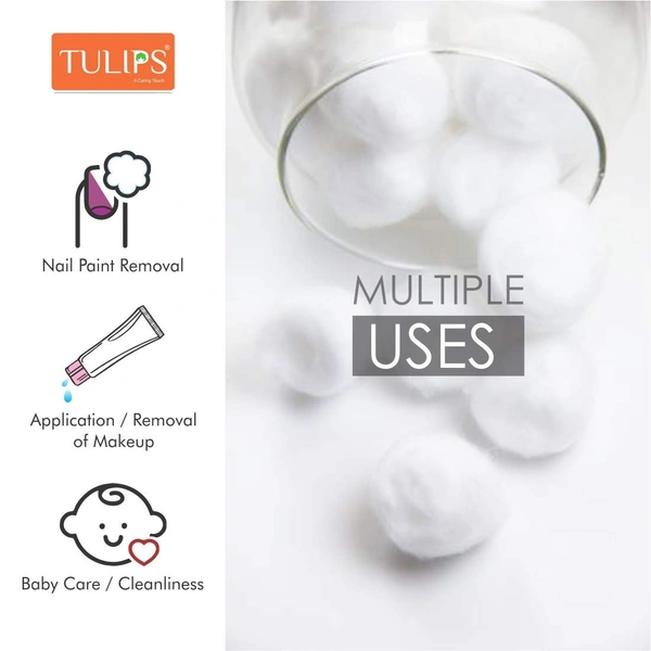 Tulips Cotton Balls White 100 Balls | Soft, Pure & Gentle | Ideal for Makeup Removal & Skincare | 100% Natural Cotton | Safe for All Skin Types |for Everyday Use