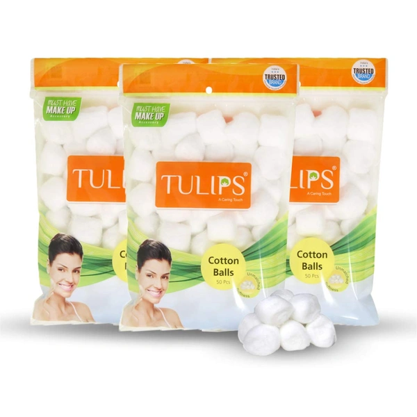 Tulips Cotton Balls White 50 Balls Pack of 3 | Soft, Pure & Gentle | Ideal for Makeup Removal & Skincare | 100% Natural Cotton | Safe for All Skin Types |for Everyday Use