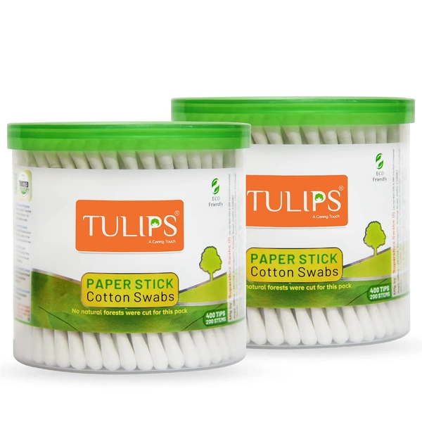 Tulips Cotton Ear Buds 200 Sticks (400 Tips) Pack of 2 | Soft, Safe & Hygienic | 100% Pure Cotton | Gentle on Skin | Perfect for Daily Personal Care | With White Paper Sticks|Eco-Friendly | Convenient Jar Packaging