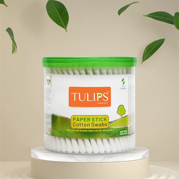 Tulips Cotton Ear Buds 200 Sticks (400 Tips) Pack of 2 | Soft, Safe & Hygienic | 100% Pure Cotton | Gentle on Skin | Perfect for Daily Personal Care | With White Paper Sticks|Eco-Friendly | Convenient Jar Packaging