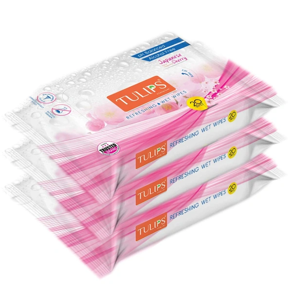 Tulips Japanese Cherry Refreshing Wet Wipes, 20 Wipes per Pack, Set of 3 | Soft, Gentle & Refreshing for Skin | Ideal for On-the-Go Cleansing & Freshness