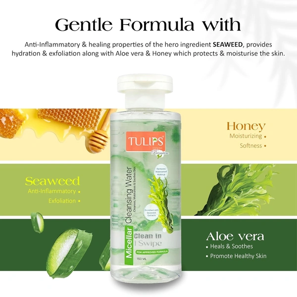 Tulips Micellar Cleansing Water (150ml) | Waterproof Makeup Remover for Face, Lips & Eyes | Suitable for All Skin Types | Gentle on Sensitive Skin