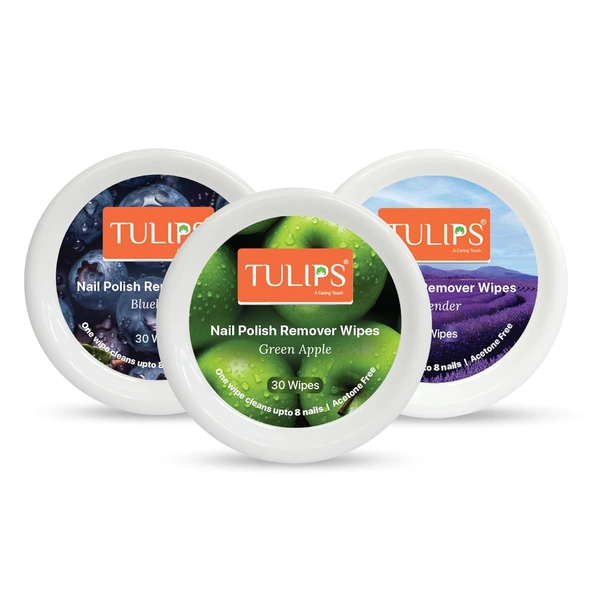 Tulips Nail Polish Remover Wipes | Acetone-Free |Pre-Moistened, Convenient & Gentle | Green Apple, Blueberry & Lavender Scents